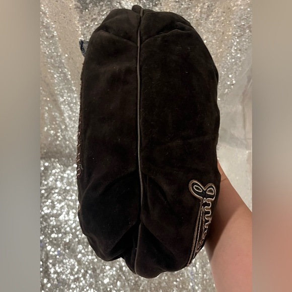 RARE VINTAGE Juicy Couture Trust Fund Brown Velvet 'University' Embroidered Hobo - Picture 7 of 15